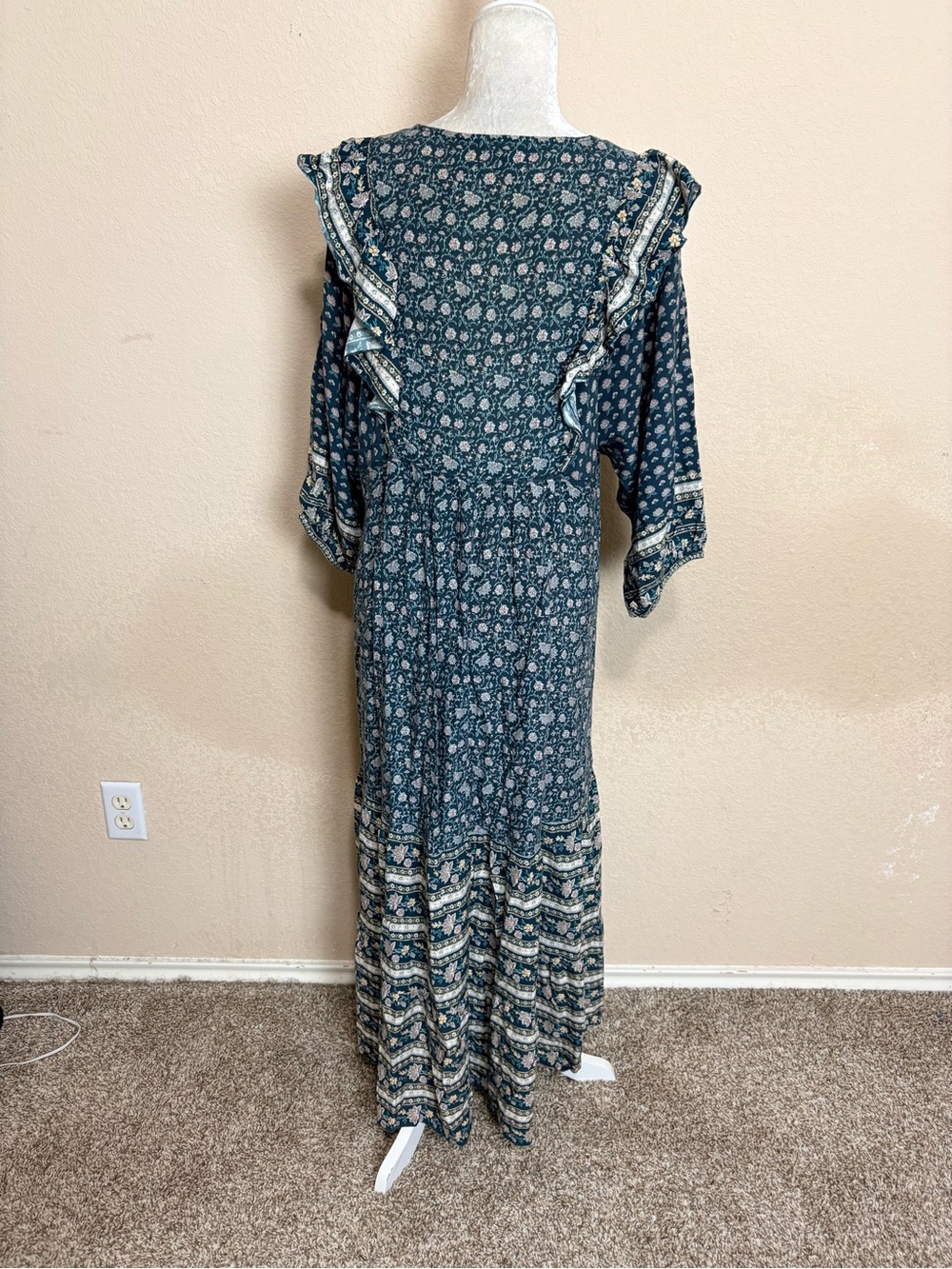 Cortefiel Grandmacore Boho Women's Green Floral Tiered Maxi Dress Size 6 - Picture 8 of 11